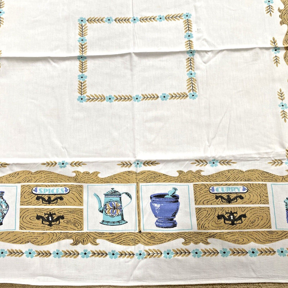 Vintage Mid Century Cotton Tablecloth Colonial Motif Blue & Tan 40" X 50" Flaw - Picture 8 of 10